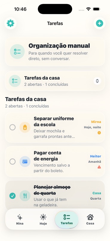 Tela de tarefas do aplicativo Nina